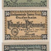 Tanna-Notgeld 5,50,50 Pfennig vom 1.1.1920, 3 Scheine
