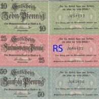 Thale-Notgeld 10,25,50 Pfennig bis 31.12.1921 mit Spruch und Seriennummer, 3 Scheine