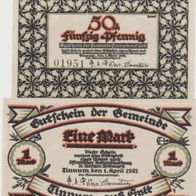 Tinnum-Syld-Notgeld 50 Pfennig und 1 Mark vom 1.4.1921, 2 Scheine