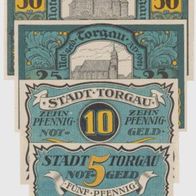Torgau-Notgeld 5,10,25,50 Pfennig vom 1.2.1921 Farbe blau-gelb 4 Scheine