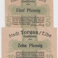 Torgau-Notgeld 5,10 Pfennig vom 31.3.1920, 2 Scheine