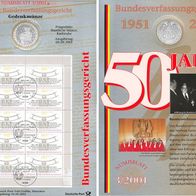 Numisblatt B.R.D. 10 Mark 2001 mit Briefmarken-Kleinbogen Bundesverfassungsgericht