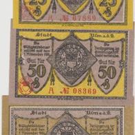 Ulm-Notgeld 25,50 Pfennig und 1 Mark vom 22.10.1918, Variante 3 Scheine