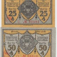 Ulm-Notgeld 25,50 Pfennig vom 22.10.1918, 2 Scheine