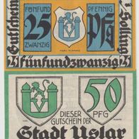 Uslar-Notgeld 25,50 Pfennig von 1921, 2 Scheine