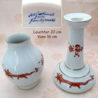 Porzellan Atelierkunst SMM handgemalt * Vase & Leuchter mit Drachenmuster rot