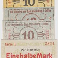 Waldenburg-Schlesien-Notgeld10,10,10 Pf. u. Eine halbe Mark, 4 verschiedene Scheine