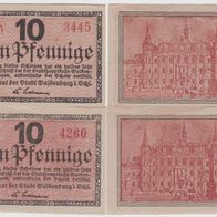 Waldenburg-Schlesien-Notgeld 10,10 Pf. Serie I Nr.4260 u. Serie IV-Nr.3445, 2 Scheine
