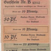 Waldmoor-Notgeld Konsumverein 10,25,50 Pfennig mit KZ. 3Scheine gebraucht