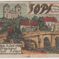 Wartha-Notgeld-Schlesien 50 Pfennig vom 5.7.1921, stark-gebraucht