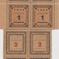 Wasserburg-Notgeld Bogen mit 4x1 Pfennig und 4x2 Pfennig von 1920-Variante