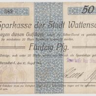 Wattenscheid-Notgeld Fünfzig Pf.v.10.8.1914 ungültig gemacht, gebr. Erhaltung Nr.389