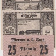 Weener-Notgeld 25 Pf. vom 17.8.1920, 75Pf. und 3 Mark bis 1.12.1922,3 Scheine