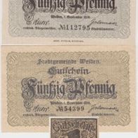 Weiden-Notgeld 50,50 Pf. vom1.9.1918 und 1 Pfennig, alt und Neudeuck,3 Scheine