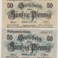 Weiden-Notgeld 50,50 Pfennig vom 14.5.1917, alt und Neudeuck, 2 Scheine
