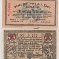 Weilburg-Notgeld 50 Pfennig vom 2.9.1918 und 50 Pfennig vom1.10.1920, 2 Scheine