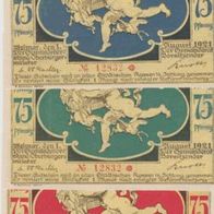 Weimar-Notgeld 3x75 Pfennig vom 1.8.1921, 3 Scheine