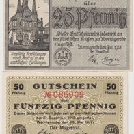 Wernigerode-Notgeld 50 Pfennig vom15.5.1917 und 25 Pfennig vom 19.6.1918, 2 Scheine