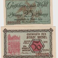 Wesel-Notgeld 25,50 Pfennig von 1919, 2 Scheine