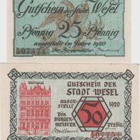 Wesel-Notgeld 25,50 Pfennig von 1920, 2 Scheine