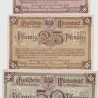 Wiedenbrück-Notgeld 10,25,50 Pfennig vom 15.12.1918, 3 Scheine