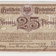 Wiedenbrück-Notgeld 25 Pfennig vom 15.2.1918,1 Schein