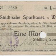 Witten-Notgeld 1 Mark vom 11.8.1914 bis 31.12.1914 gelocht, gebrauchte Erhaltung