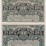 Wittlich-Notgeld 25,25 Pfennig hellblau und hellgrün vom April1921,2 Scheine