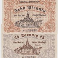 Woldegk-Notgeld 10.25 Pfennig vom februar 1921, 2 Scheine