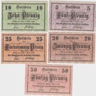 Wreschen-Posen-Notgeld 5,10,20,25,50 Pfennige vom 1.4.1920, 5 Scheine