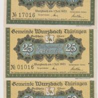 Wurzbach-Notgeld 10,25,50 Pfennig vom 1.7.1921, 3 Scheine