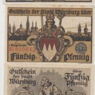 Würzburg-Notgeld 50,50,50, 2 Pfennige, 4 verschiedene Scheine