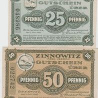 Zinnowitz-Rügen-Notgeld 25,50 Pfennig vom 1.5.1921, 2 Scheine