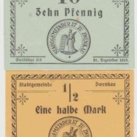 Zwenkau-Notgeld 10 Pfennig und Eine halbe Mark bis 31.12.1918, 2 Scheine