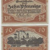 Zwickau-Notgeld 10 Pfennig vom 31.12.1920, Kz. Buchstabe B 1 Schein