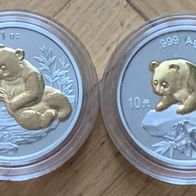 2x1 Oz Panda Münze Silber China 10 Yuan 1998 + 1999 gilded