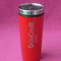 NEU Kaffee Becher To Go UniCredit Thermobecher Edelstahl 400ml rot Isolierbecher