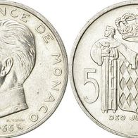 MONACO Silber 5 Francs 1966 Fürst Rainier III." (1949-2005) gekr. Rautenschild