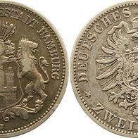 Hamburg Silber 2 Mark 1876 J, Stadtwappen/ Reichsadler