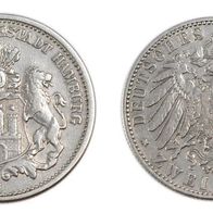 Hamburg 2 Mark Silber 1907 J Behelmtes Wappen / Reichsadler 2. Modell