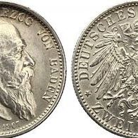 BADEN Silber 2 Mark 1907 Friedrich I. (1852-1907) Sterbedaten, TOP !!