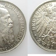 Bayern Silber 2 Mark 1911 D, Prinzregent Luitpold I. (1821-1912) 90. Geburtstag, TOP