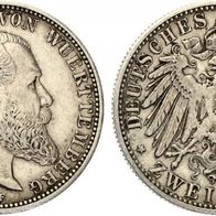Württemberg Silber 2 Mark 1907 F, König Wilhelm II. (1891-1918)
