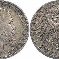 Württemberg Silber 2 Mark 1901 F, König Wilhelm II. (1891-1918)