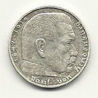 2 Reichsmark Hindenburg 1936 E 625/1000 Silber 8 Gramm