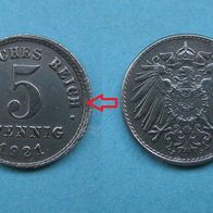 Dt. Reich 5 Pf. 1921J Eisen, Seltene Prägefehler am Rand ! (W56)
