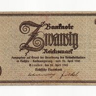 20 Reichsmark 1945 Rosenb. 184a Sächs. Staatsbank SERIE "T " SELTEN