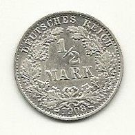 Kaiserreich 1/2 Mark Großer Adler 1908 G 900/1000 Silber Gewicht 2,78 Gramm