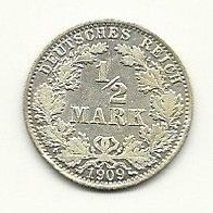 Kaiserreich 1/2 Mark Großer Adler 1909 D 900/1000 Silber Gewicht 2,78 Gramm