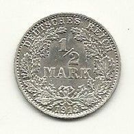 Kaiserreich 1/2 Mark Großer Adler 1911 G 900/1000 Silber Gewicht 2,78 Gramm